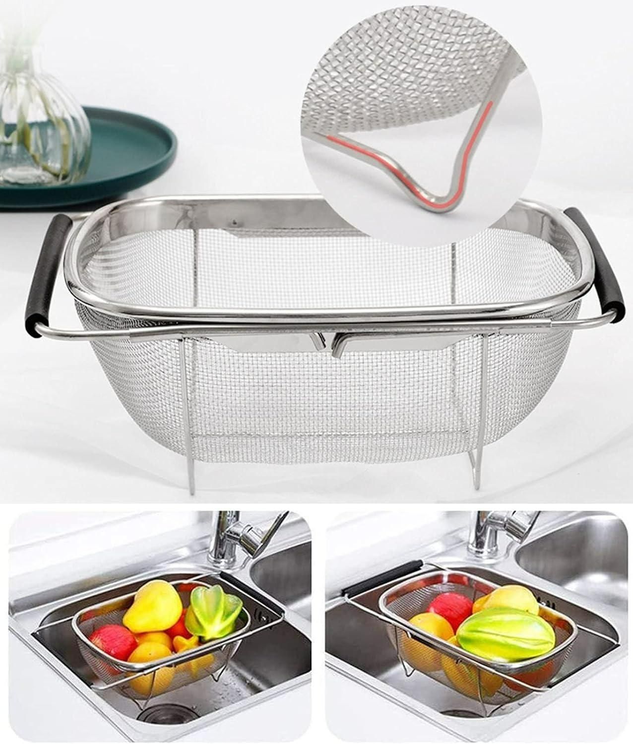 Stainless steel colander with mesh design, shown in various settings including a kitchen sink.