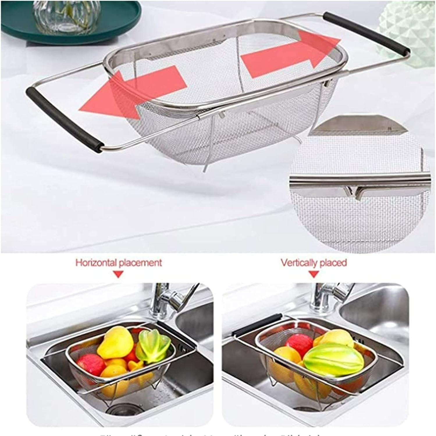 Stainless steel colander with handles shown in horizontal and vertical placements over a sink.