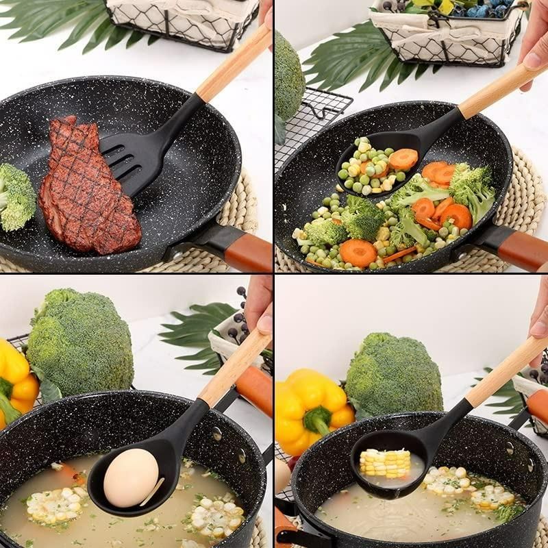 Collage of a black speckled frying pan with wooden spatula cooking various foods.