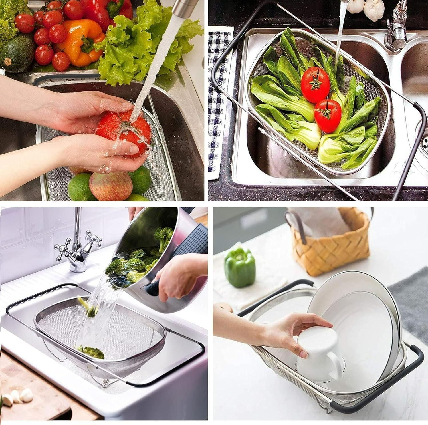 Collage of images showing vegetables being washed in a sink with a strainer.