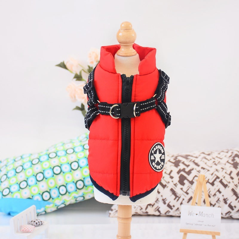 Red puffer vest with a black strap 