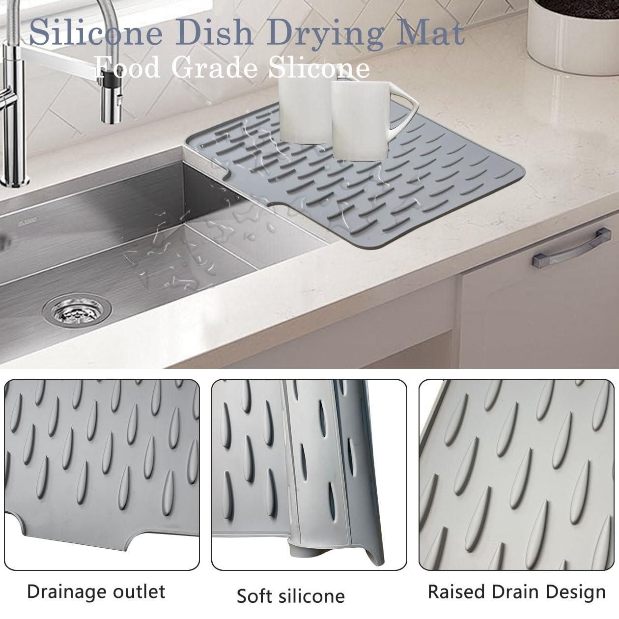 Silicone dish drying mat on a kitchen counter with sink in the background