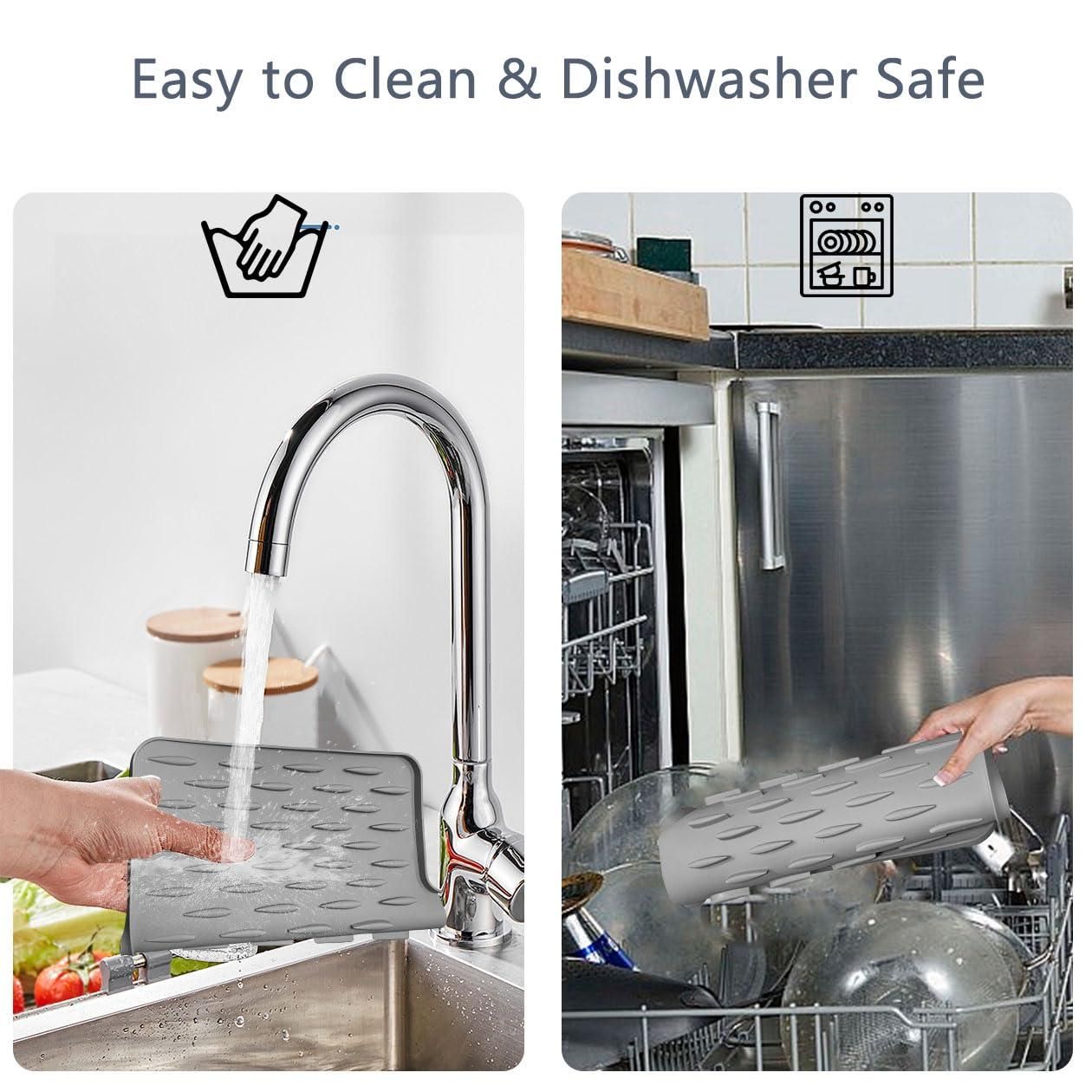 Gray kitchen mat being washed under a faucet and placed inside a dishwasher.